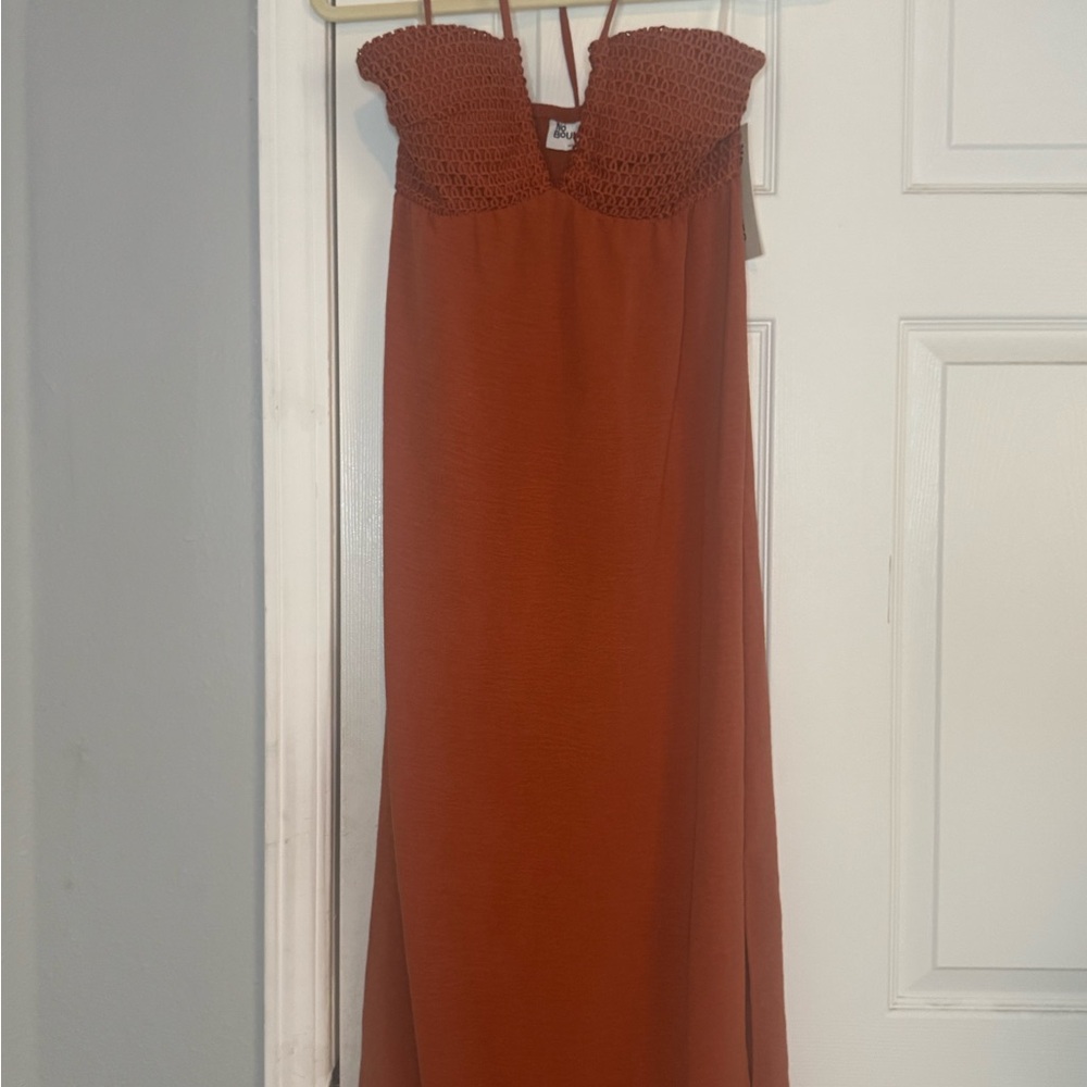 No Boundaries Strapless Rust Dress